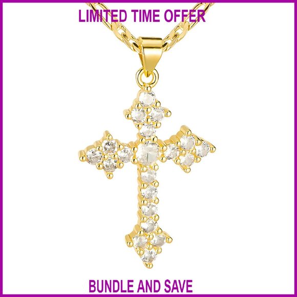 14K Gold Plated Cross Necklace with CZ Stones Adjustable Chain